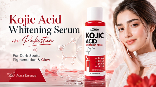 Kojic Acid Whitening Serum in Pakistan by Aurra Essence for dark spots, pigmentation, acne marks and glowing skin.