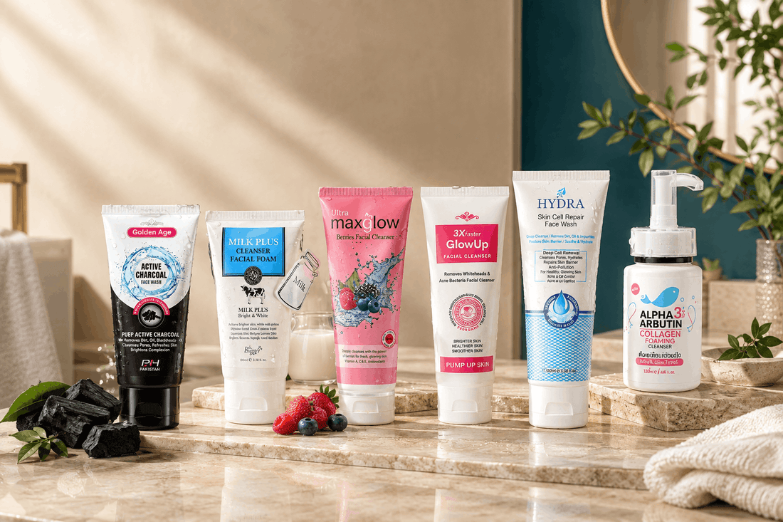 Aurra Essence facial cleanser range in Pakistan — charcoal, milk, berries, glow, hydra repair and alpha arbutin cleansers for brightening and skin repair
