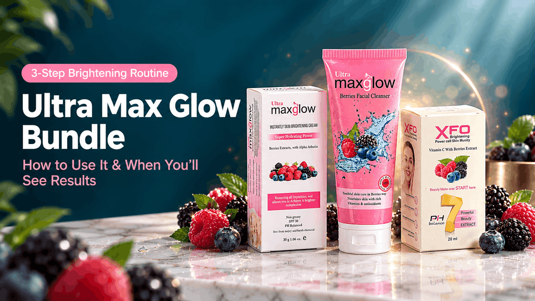 Ultra Max Glow Bundle with Berries Facial Cleanser, XFO Vitamin C Brightening Serum and SPF 30 Brightening Cream, surrounded by fresh berries