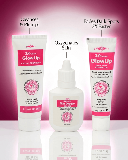 3X Faster GlowUp 3-piece skincare bundle featuring the Facial Cleanser, Skin Oxygen Serum and Dark Spot Corrector with Glutathione and Vitamin C, displayed with glowing benefit callouts for cleansing, oxygenating and fading dark spots 3X faster.