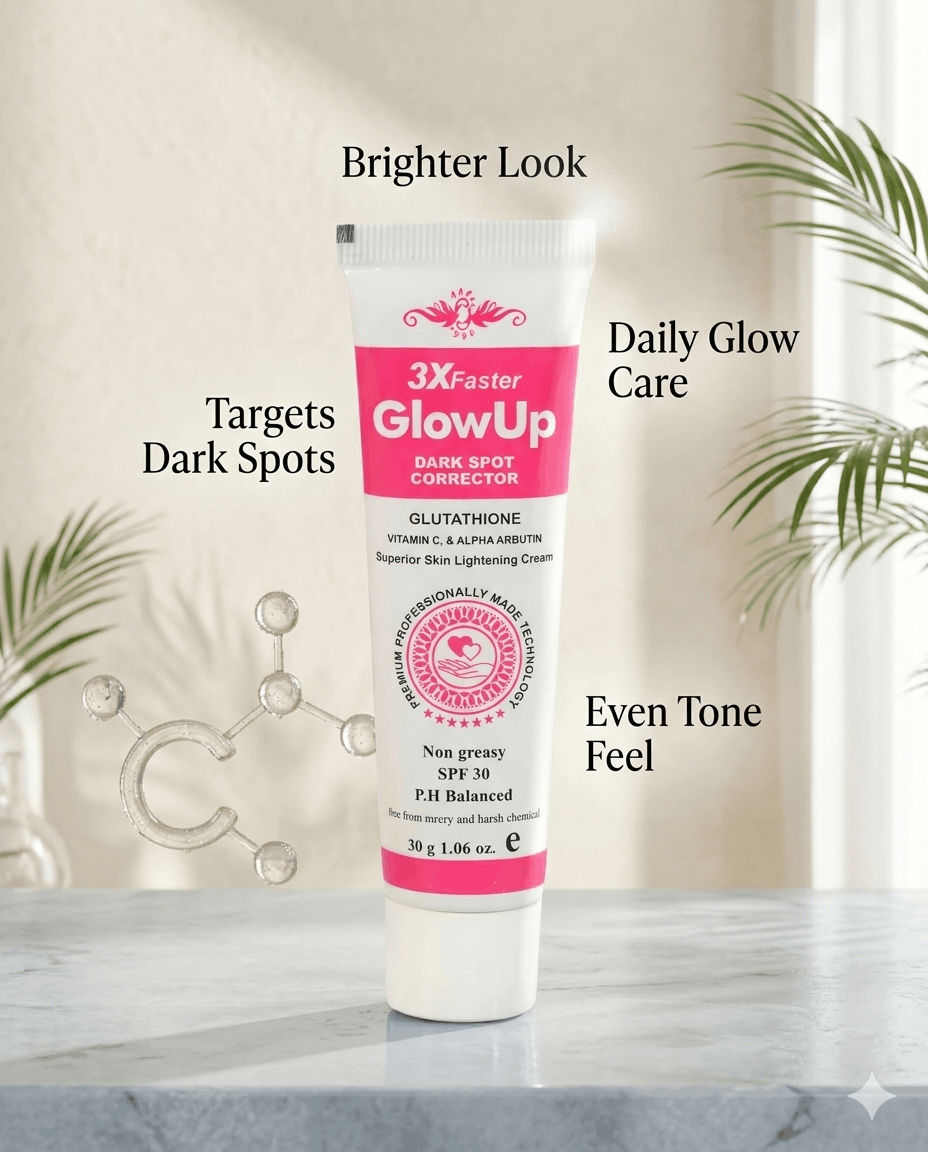 3X Faster GlowUp Dark Spot Corrector shown in a natural premium skincare ad with realistic brightening and even-tone beauty benefits