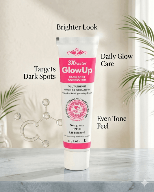3X Faster GlowUp Dark Spot Corrector shown in a natural premium skincare ad with realistic brightening and even-tone beauty benefits