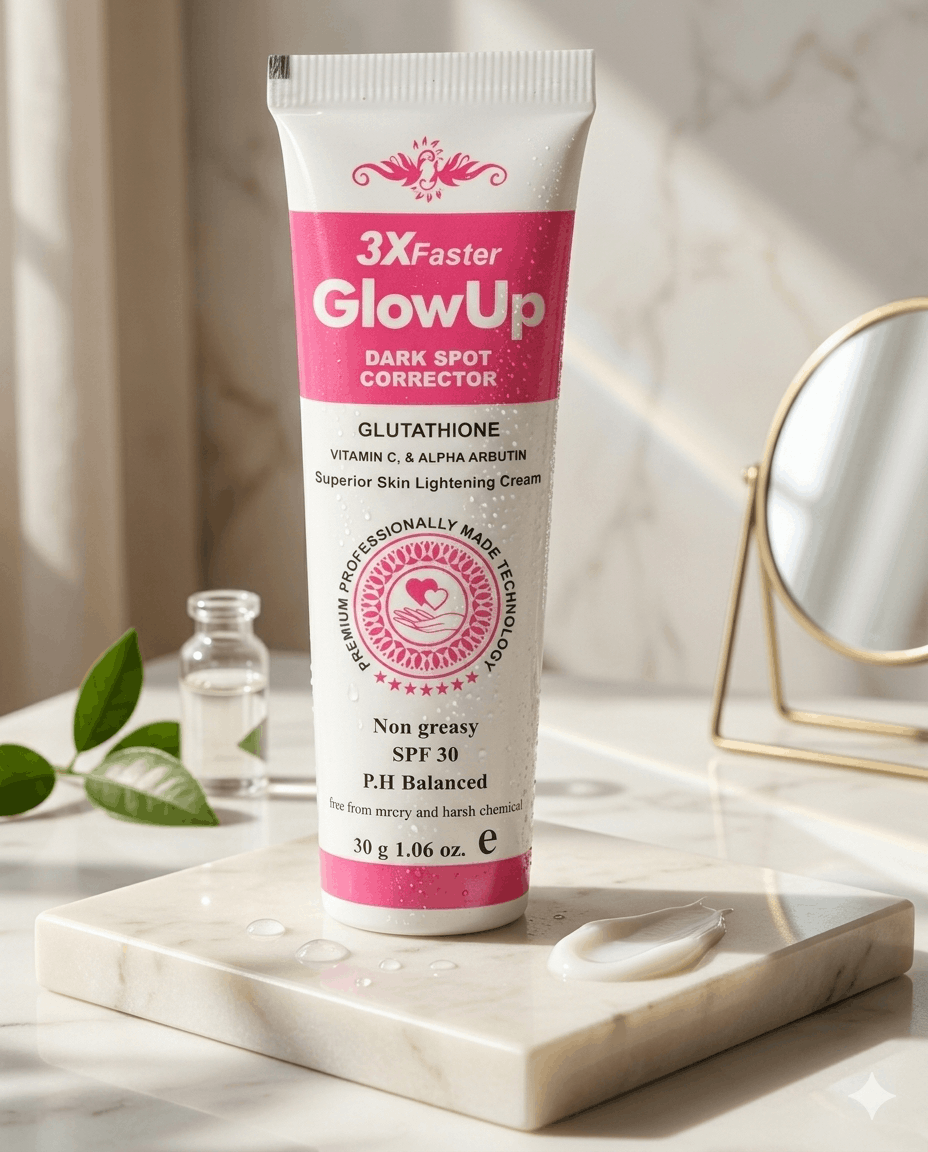 Creative yet realistic skincare campaign image for 3X Faster GlowUp Dark Spot Corrector with premium brightening visuals