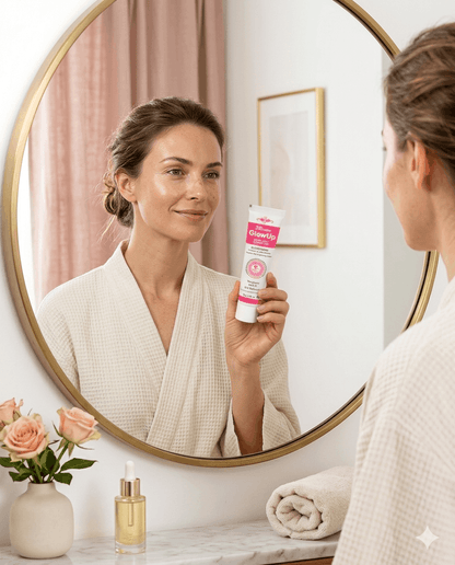 Realistic model using 3X Faster GlowUp Dark Spot Corrector in a natural skincare routine setting