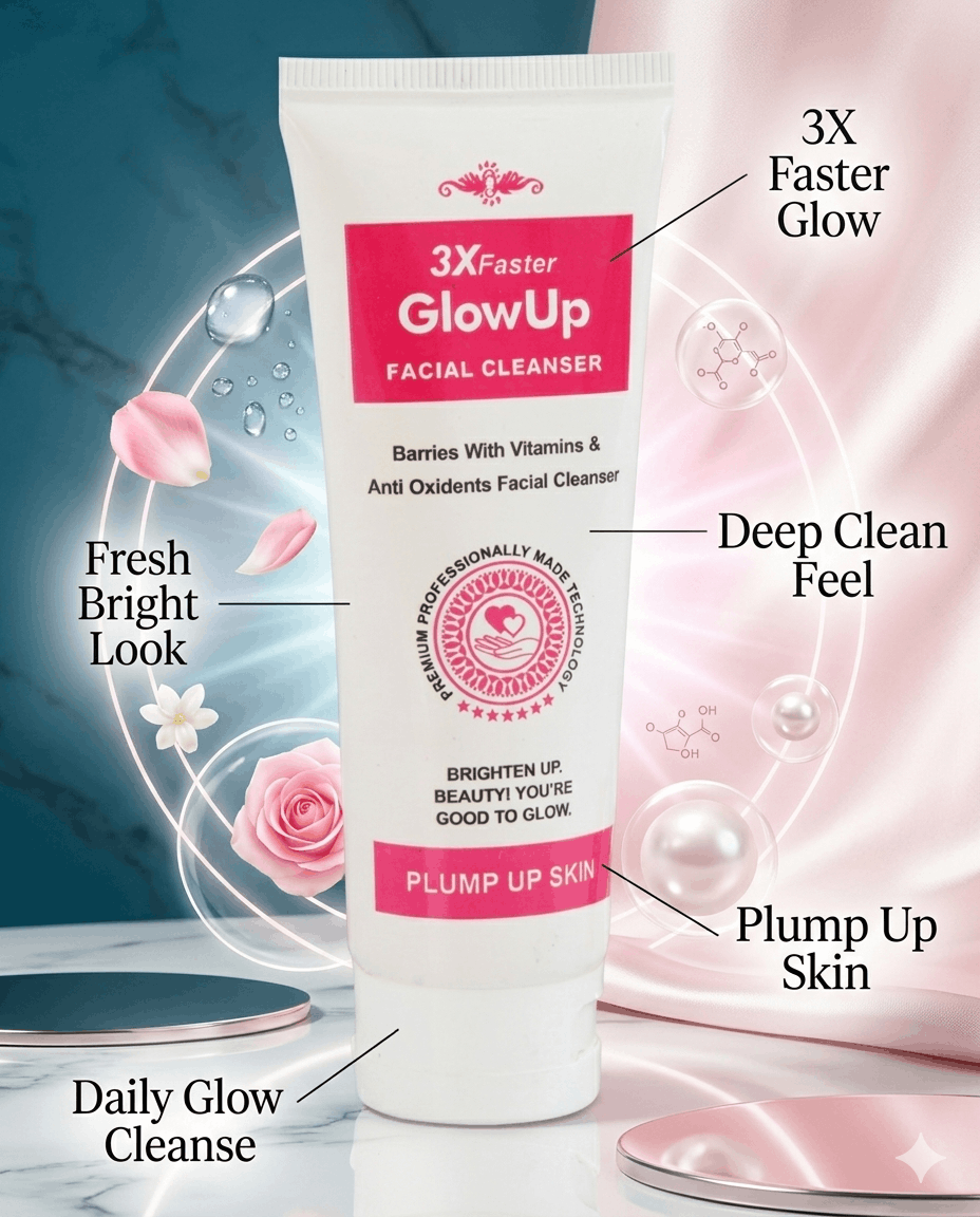 3X Faster GlowUp Facial Cleanser tube with glowing skincare benefit highlights for brightening, cleansing, and smoother radiant skin