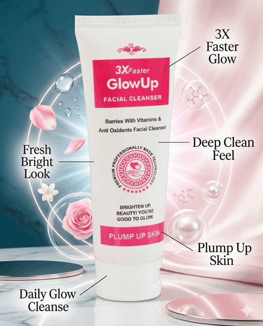 3X Faster GlowUp Facial Cleanser tube with glowing skincare benefit highlights for brightening, cleansing, and smoother radiant skin