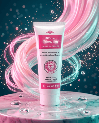 Creative luxury ad concept for 3X Faster GlowUp Facial Cleanser with glowing skincare energy and premium beauty elements