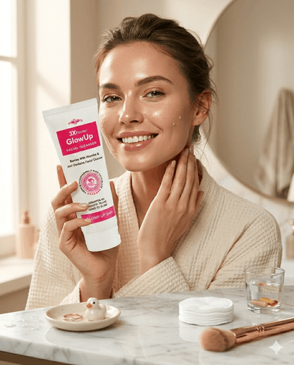 Model using 3X Faster GlowUp Facial Cleanser in a realistic skincare routine scene with premium beauty styling