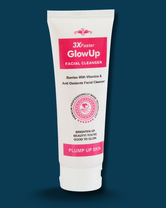 Facial cleanser tube with pink and white design on a blue background