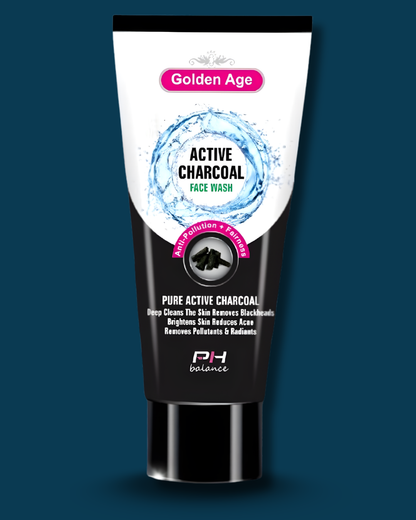 Tube of Golden Age Active Charcoal Face Wash on a dark blue background