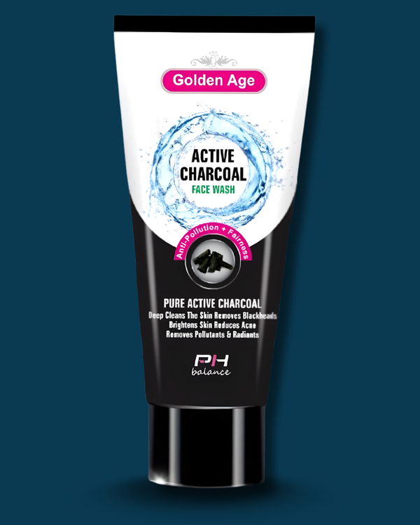 Tube of Golden Age Active Charcoal Face Wash on a dark blue background
