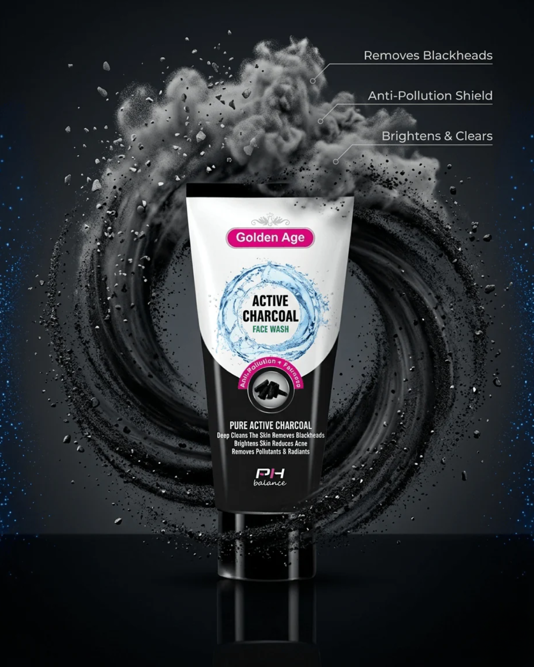 Golden Age Active Charcoal Face Wash white and black tube at the center of a dramatic charcoal particle vortex with floating benefit callouts — Removes Blackheads, Anti-Pollution Shield, Brightens and Clears — demonstrating deep skin purification power.