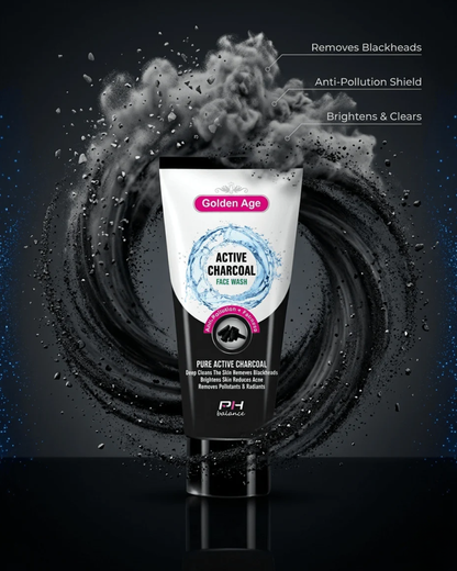 Golden Age Active Charcoal Face Wash white and black tube at the center of a dramatic charcoal particle vortex with floating benefit callouts — Removes Blackheads, Anti-Pollution Shield, Brightens and Clears — demonstrating deep skin purification power.