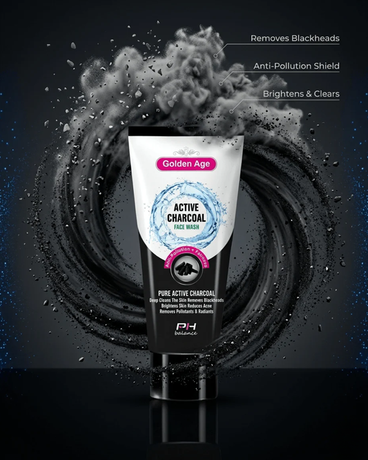 Golden Age Active Charcoal Face Wash white and black tube at the center of a dramatic charcoal particle vortex with floating benefit callouts — Removes Blackheads, Anti-Pollution Shield, Brightens and Clears — demonstrating deep skin purification power.