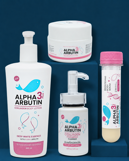Alpha Arbutin 3 Plus Complete Brightening Bundle featuring collagen body lotion, brightening serum, foaming cleanser, and body cream on a deep teal background for skin brightening, dark spots, pigmentation, and glowing skin in Pakistan.