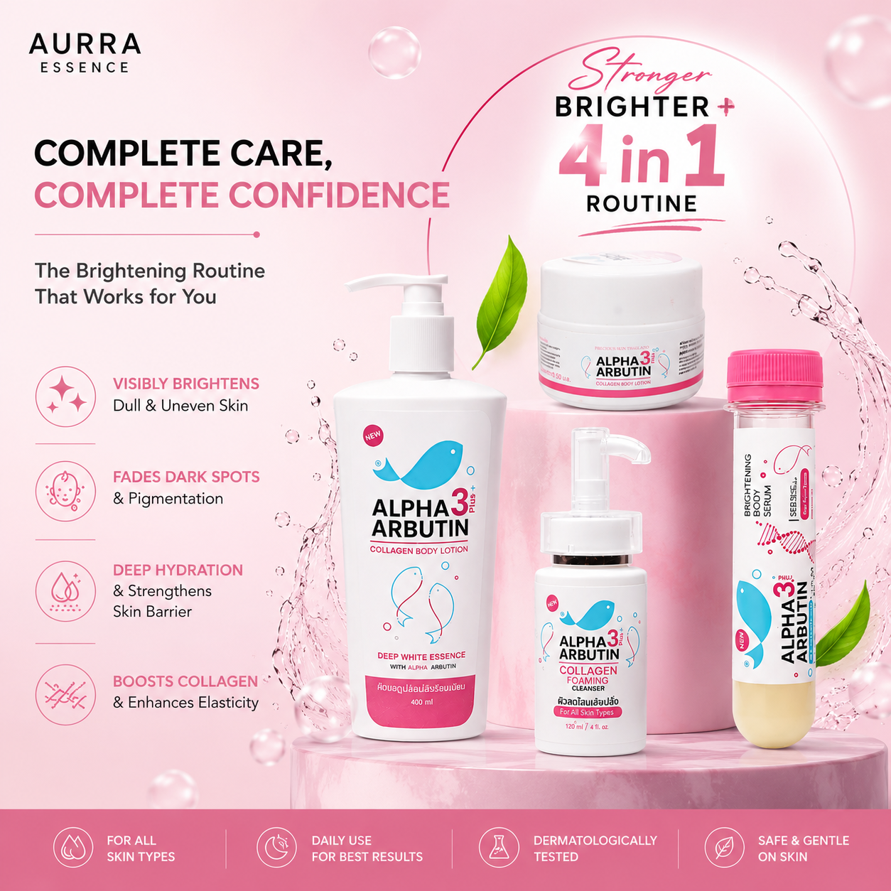 Aurra Essence Alpha Arbutin 3 Plus Complete Brightening Bundle featuring collagen body lotion, foaming cleanser, brightening serum, and body cream in a 4-step skincare routine for brighter skin, dark spots, pigmentation, hydration, and glowing skin in Pakistan.