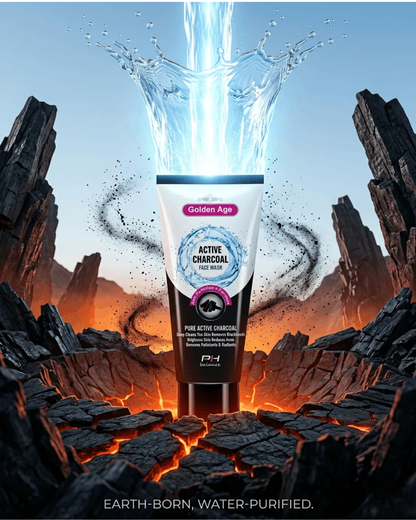 Golden Age Active Charcoal Face Wash rising from a glowing volcanic charcoal crater with a pillar of electric blue water light erupting upward — a surreal visual representing the raw natural power of activated charcoal for deep skin cleansing and pollution removal.