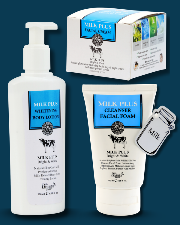 Milk Plus skincare products including lotion, cleanser, and facial cream on a blue background