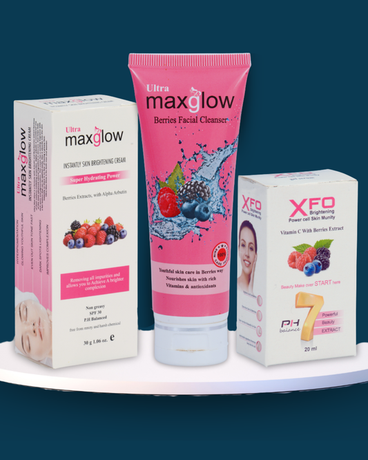 Maxglow skincare products including a tube and boxes on a blue background