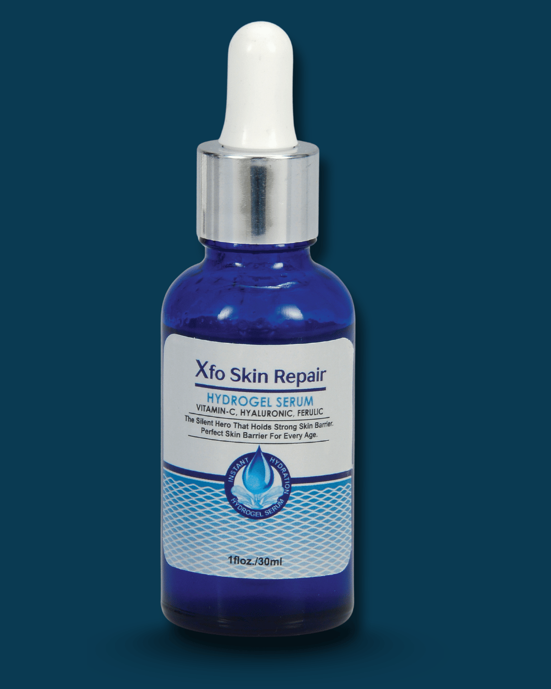 Blue serum bottle with dropper labeled 'Xfo Skin Repair' on a dark blue background