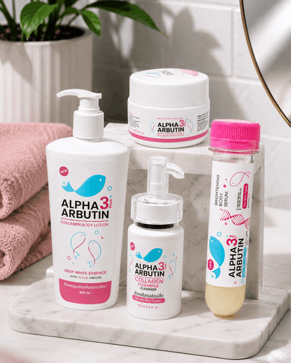 Aurra Essence Alpha Arbutin 3 Plus Complete Brightening Bundle displayed in a modern bathroom setting, featuring body lotion, collagen foaming cleanser, brightening body serum, and collagen cream for glowing, even-toned skin in Pakistan.