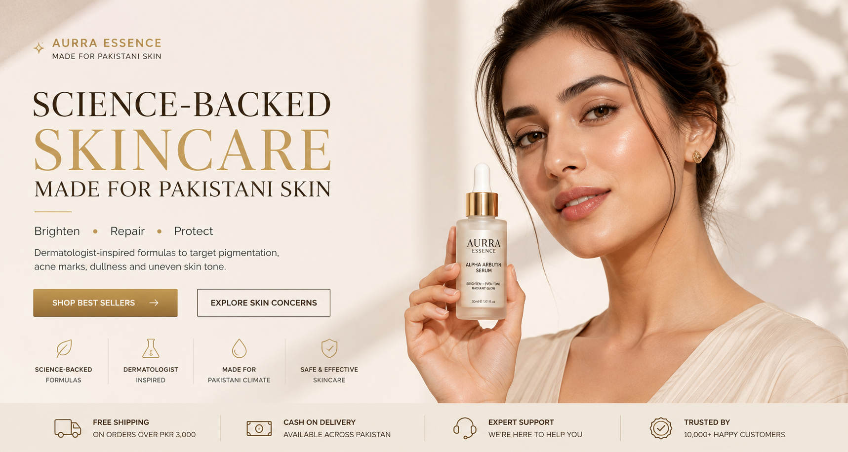 Aurra Essence Science-Backed Skincare homepage banner featuring a South Asian woman holding Alpha Arbutin Serum for brighter, healthier skin made for Pakistani skin.