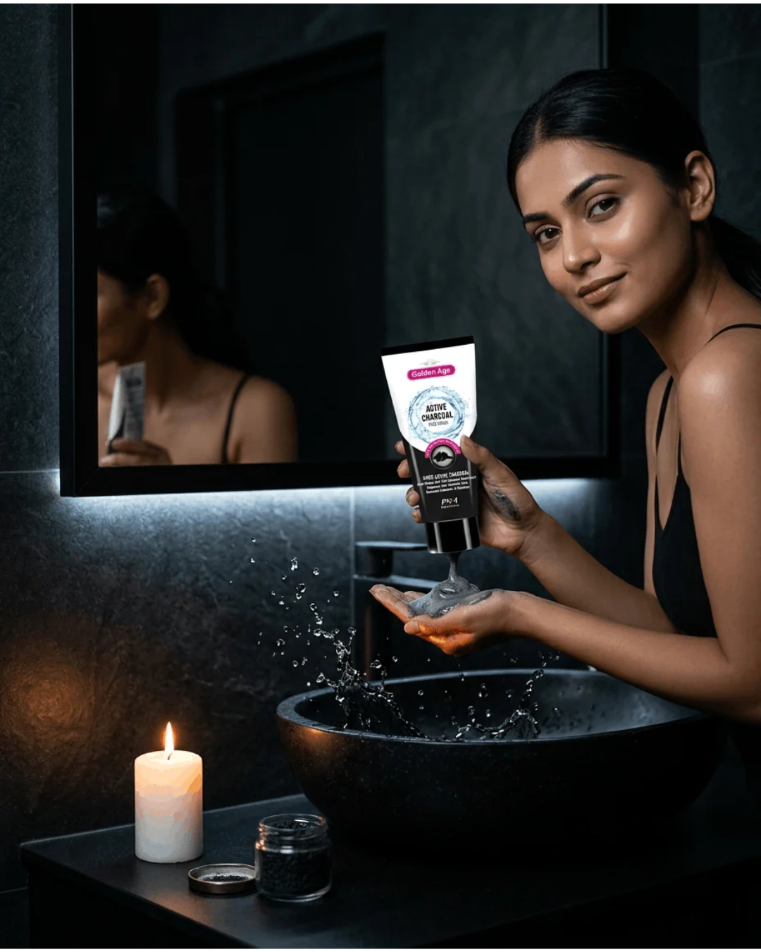 A confident South Asian model with clear skin squeezing Golden Age Active Charcoal Face Wash dark grey lather onto their palm in a moody candlelit bathroom at night — showcasing the charcoal deep cleanse and anti-pollution skincare ritual.