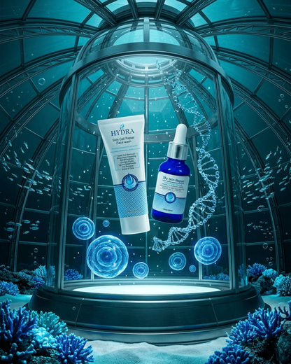 Two skincare products under a glass dome with a futuristic design.
