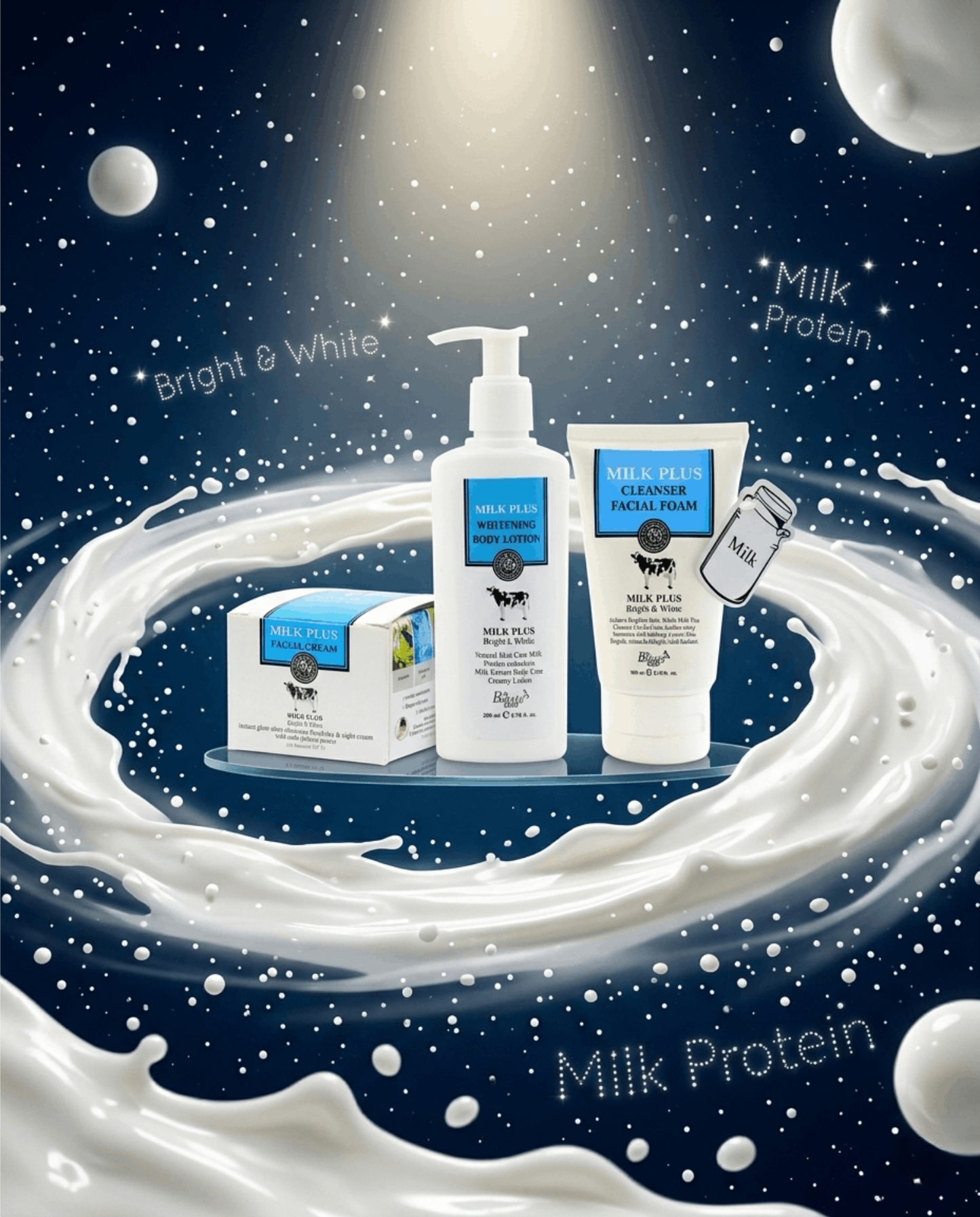 Milk Plus Facial Cream, Whitening Body Lotion and Cleanser Facial Foam floating at the center of a surreal galaxy made of swirling pure milk rivers and pearl-white droplet stars — representing Milk Plus Bright & White's milk protein-powered skin brightening and whitening system.