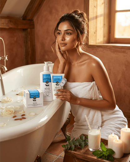 A glowing South Asian woman with luminous even skin sitting beside a creamy milk bath with all three Milk Plus products — Facial Cream, Whitening Body Lotion and Cleanser Facial Foam — displayed on the tub edge in a warm rustic farmhouse bathroom with rose petals and golden window light.