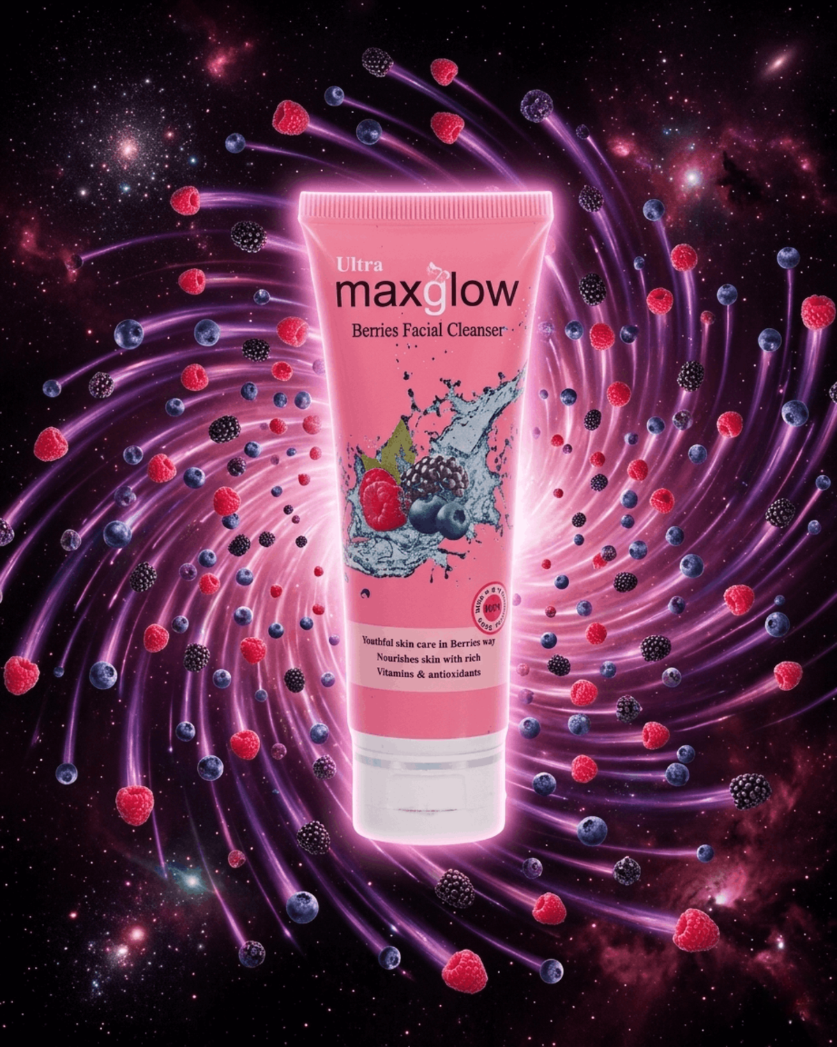 Ultra Maxglow Berries Facial Cleanser pink tube floating at the center of a surreal berry galaxy explosion with raspberries, blueberries and blackberries spiraling outward in cosmic pink and violet light.