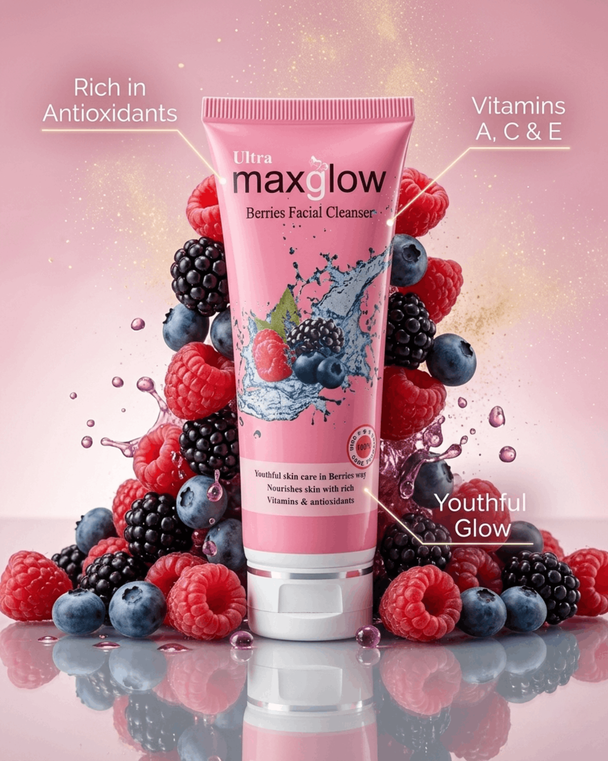 Ultra Maxglow Berries Facial Cleanser pink tube surrounded by fresh raspberries, blackberries and blueberries with glowing callouts highlighting antioxidants, Vitamins A C & E, and youthful skin benefits.