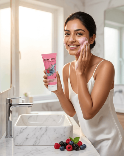 A glowing young woman applying Ultra Maxglow Berries Facial Cleanser foam to her face during a morning skincare routine, holding the pink tube with fresh raspberries and blueberries on the marble bathroom counter beside her.