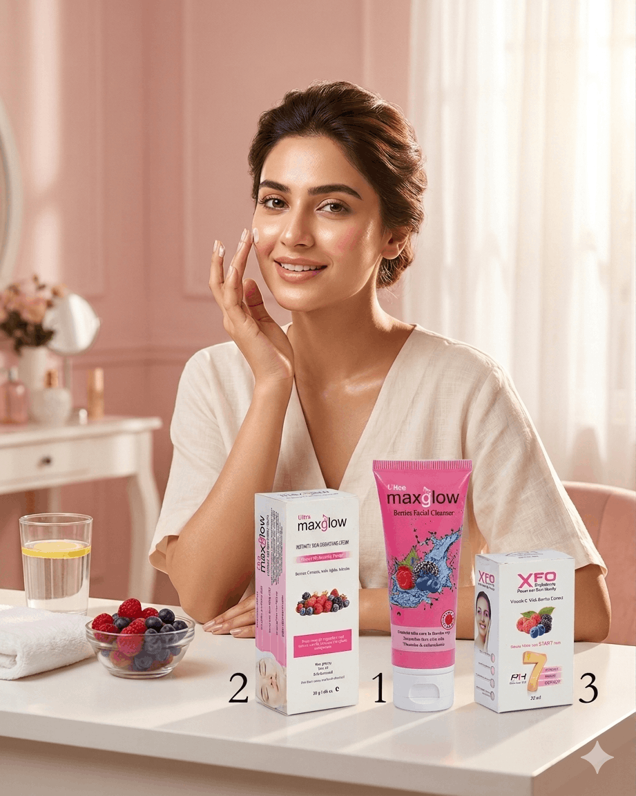 A glowing South Asian woman applying Ultra Maxglow Brightening Cream with the full 3-piece Maxglow and XFO skincare bundle displayed on her dressing table — Berries Facial Cleanser, Brightening Cream, and XFO Power Cell Serum — for a complete morning glow routine.