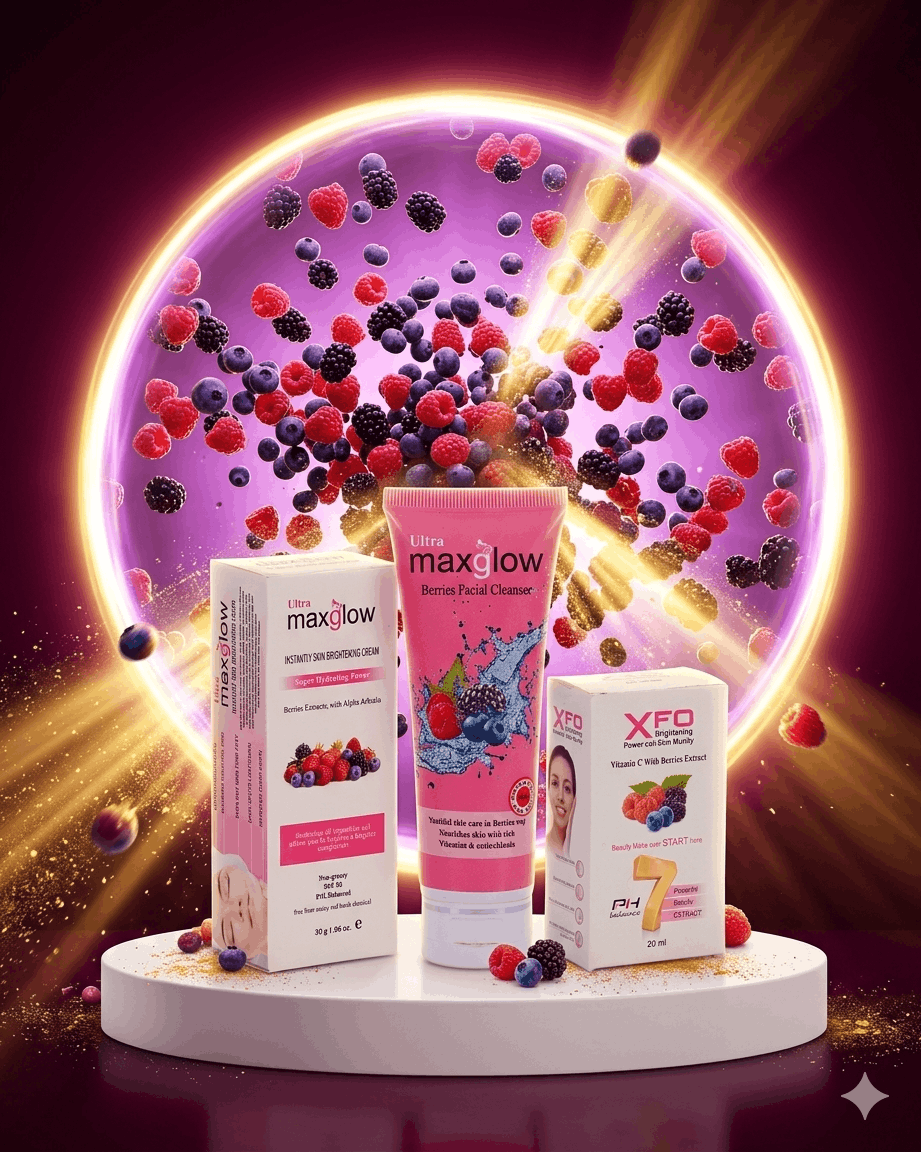 Ultra Maxglow and XFO 3-piece brightening skincare set standing before a surreal glowing portal exploding with raspberries, blueberries and vitamin-C light — representing the transformative power of the complete berry-infused glow routine.
