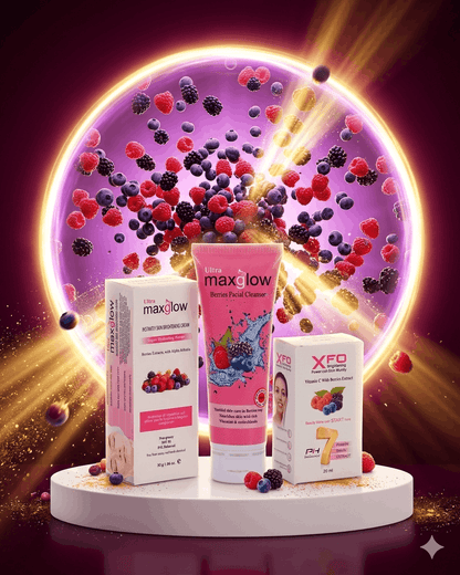 Ultra Maxglow and XFO 3-piece brightening skincare set standing before a surreal glowing portal exploding with raspberries, blueberries and vitamin-C light — representing the transformative power of the complete berry-infused glow routine.