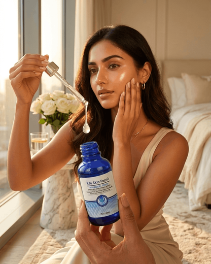 A woman with glowing glass skin holding the Xfo Skin Repair Hydrogel Serum cobalt blue dropper bottle near her face during a golden-hour skincare routine, with a single gel drop falling from the dropper — showcasing instant hydration and skin repair results.