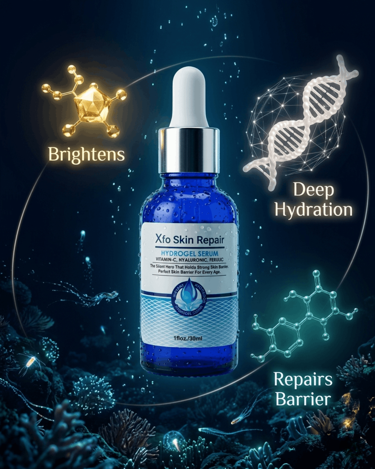 Xfo Skin Repair Hydrogel Serum cobalt blue dropper bottle surrounded by glowing Vitamin-C, Hyaluronic Acid, and Ferulic Acid molecules in a deep-ocean bioluminescent scene highlighting skin brightening, deep hydration, and barrier repair benefits.