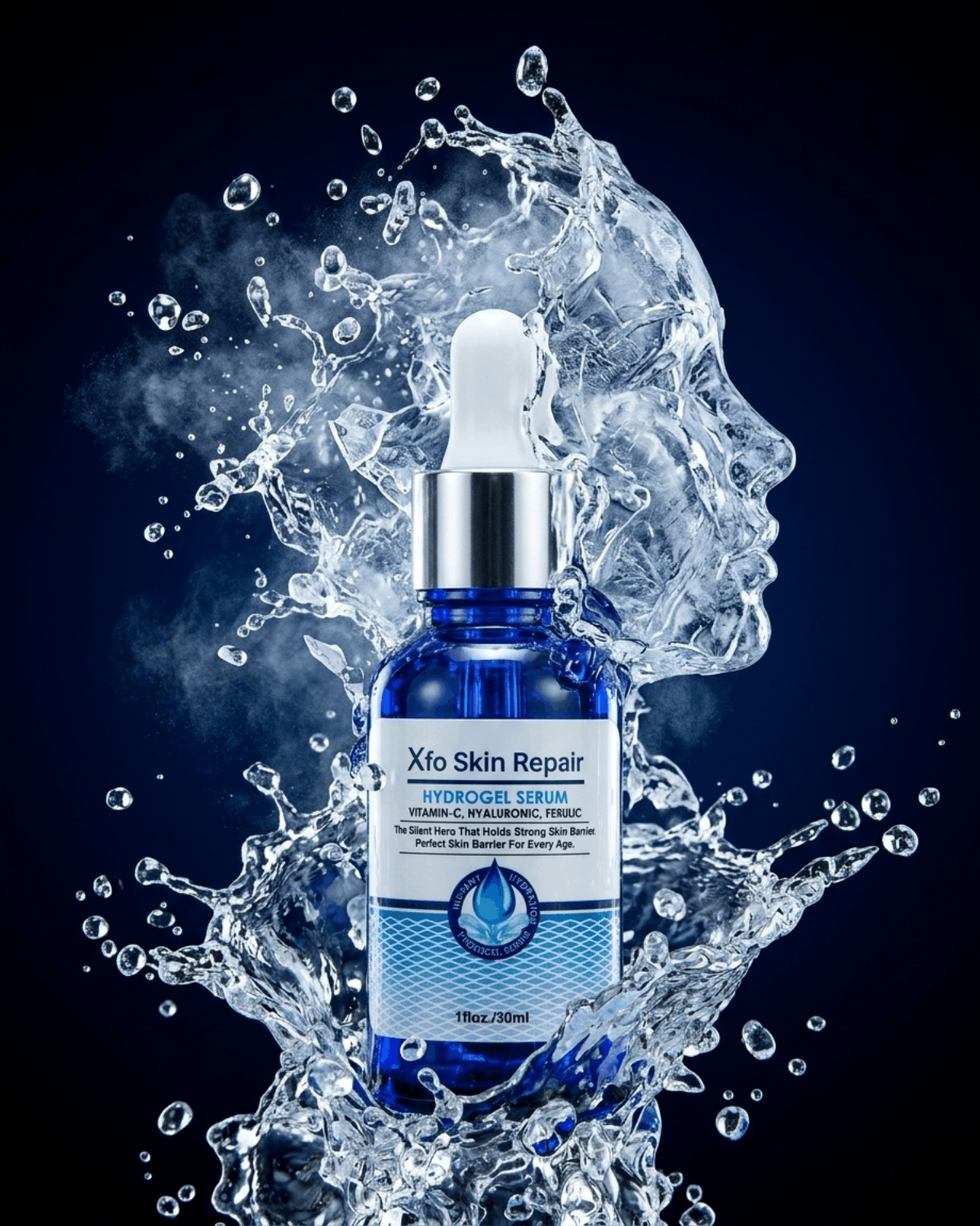 Xfo Skin Repair Hydrogel Serum 30ml dropper bottle standing pristine at the center of a frozen high-speed water explosion, with suspended ice crystals and droplets forming a woman's face silhouette — representing instant deep hydration and skin barrier repair.