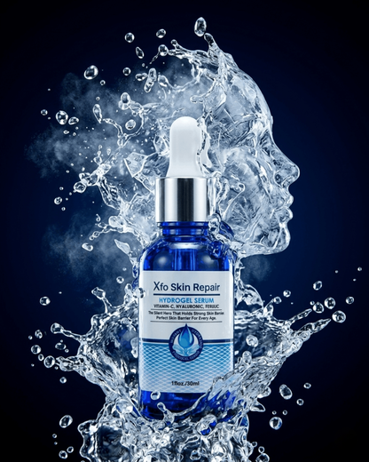 Xfo Skin Repair Hydrogel Serum 30ml dropper bottle standing pristine at the center of a frozen high-speed water explosion, with suspended ice crystals and droplets forming a woman's face silhouette — representing instant deep hydration and skin barrier repair.