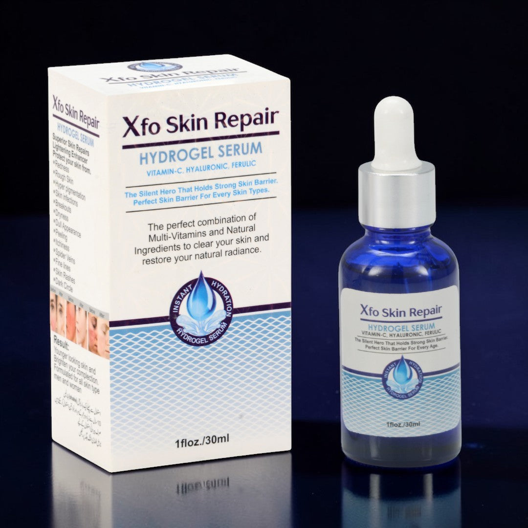 Xfo Skin Repair hydrogel serum bottle and packaging on a dark background