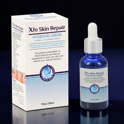 Xfo Skin Repair hydrogel serum bottle and packaging on a dark background